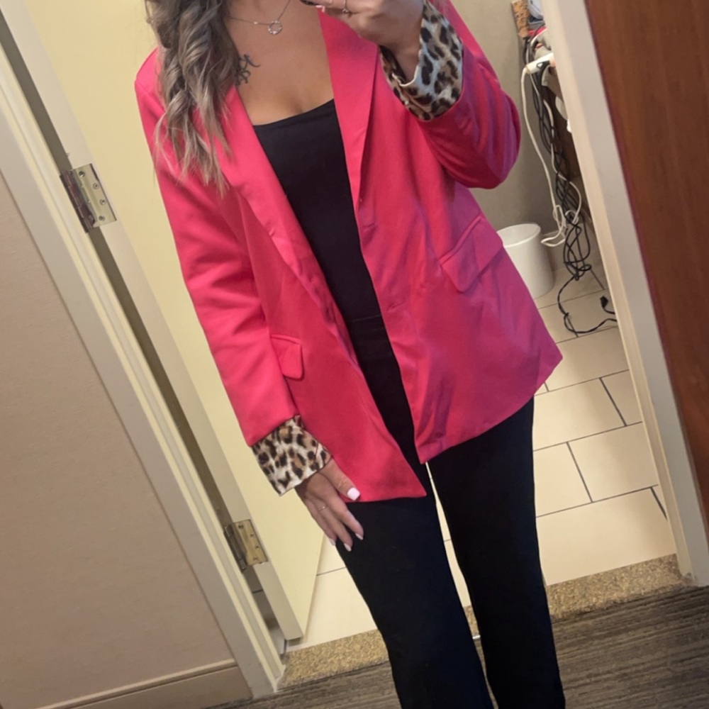 Women's Pink Blazer with Leopard Print Cuffs